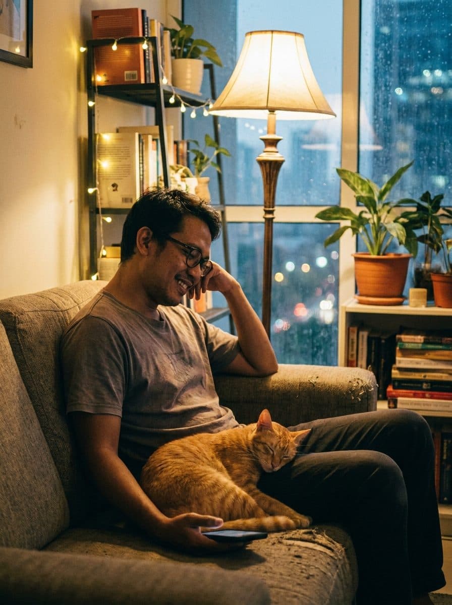 A man relaxing at home in the evening with a sleeping cat on his lap, smiling at his phone