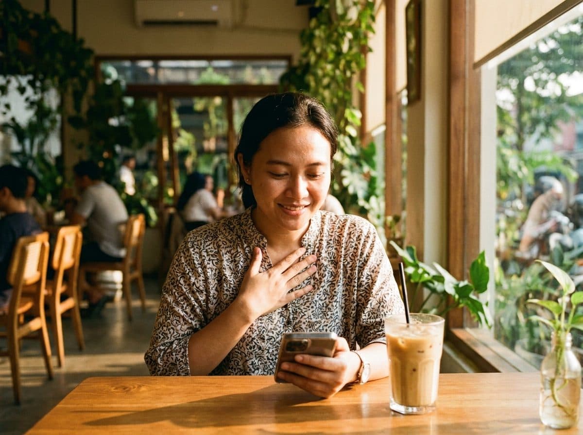 Dewi checking on her mother from her phone in a cafe in Jakarta