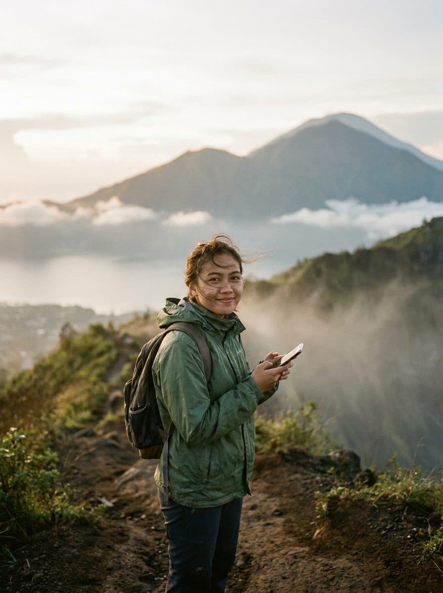 A young woman with a backpack on a misty volcanic ridge at sunrise, holding her phone