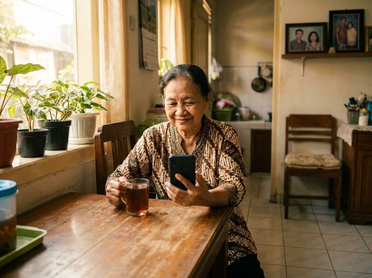 An older woman in a batik shirt smiling at her phone over a glass of tea in her kitchen