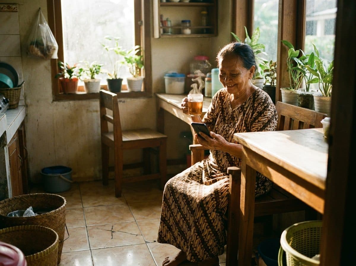 Sari, an older woman, smiling at her phone with a glass of tea in her sunny kitchen