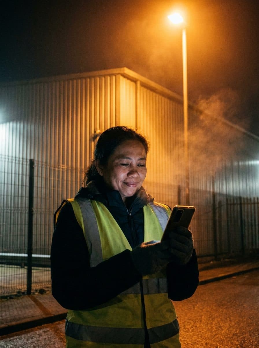A woman in a high-visibility vest checking her phone under a street lamp at night